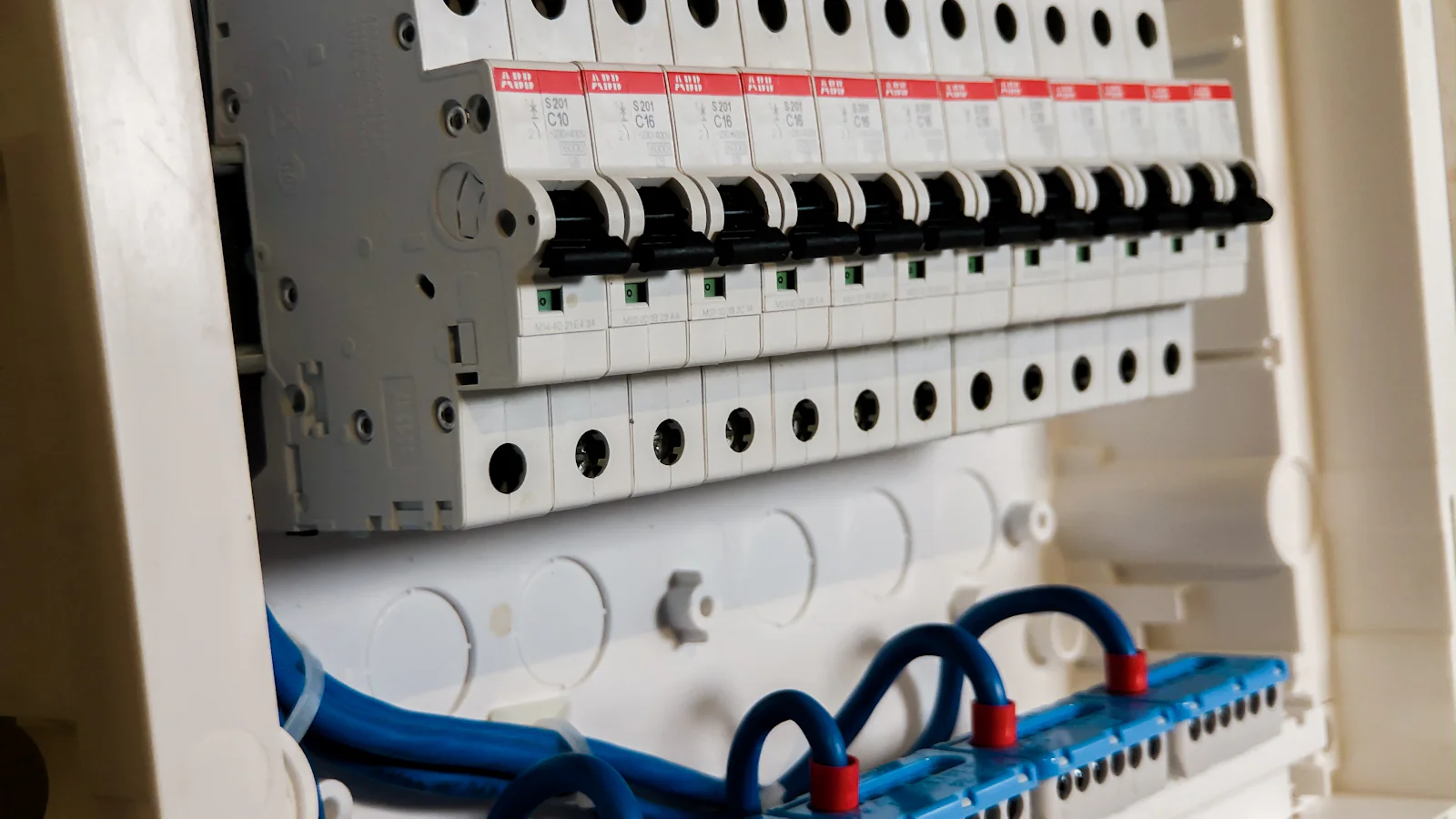 Row of circuit breakers in a distribution board