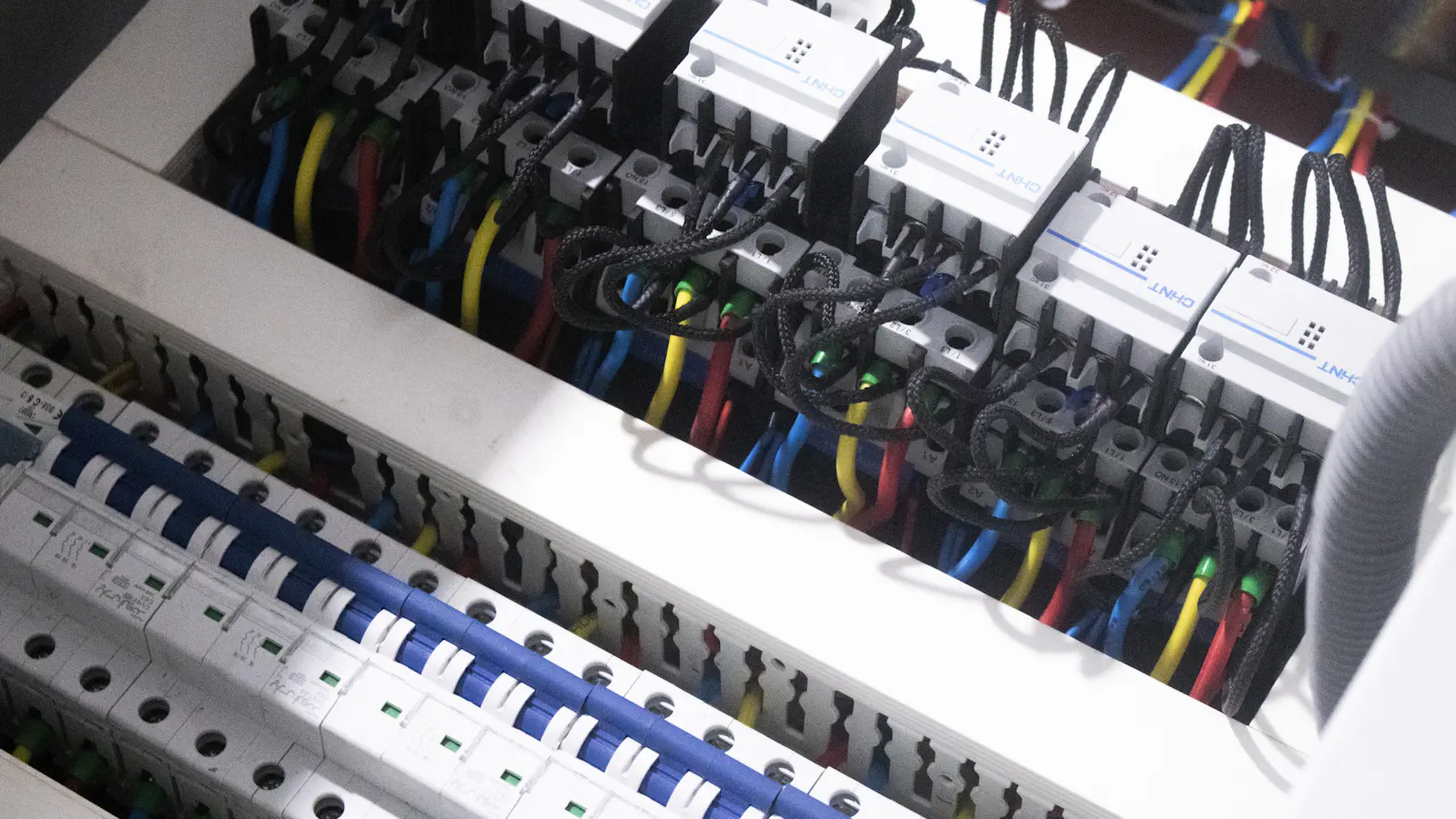 Neatly wired distribution board with breakers