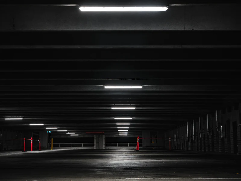 Lights in an underground parking garage